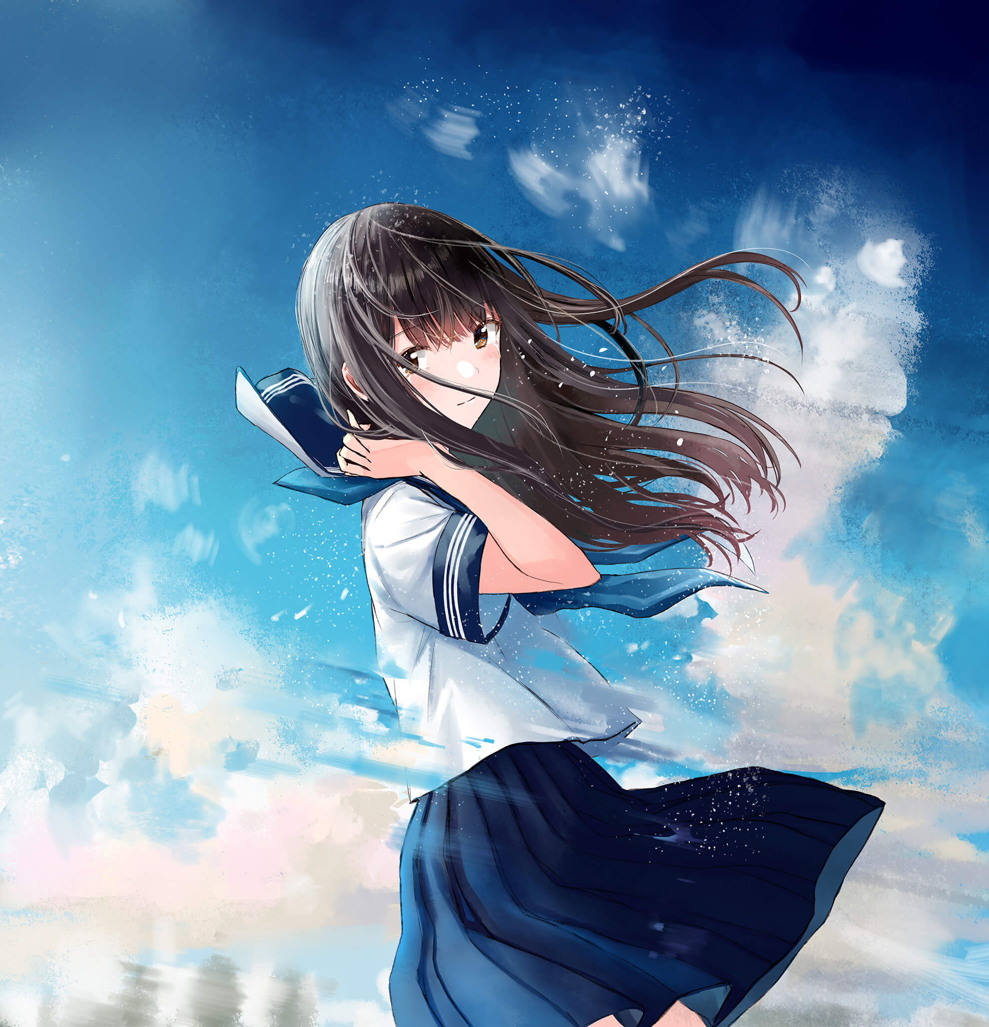 HD wallpaper: anime girl, sad, school uniform, windy, black hair