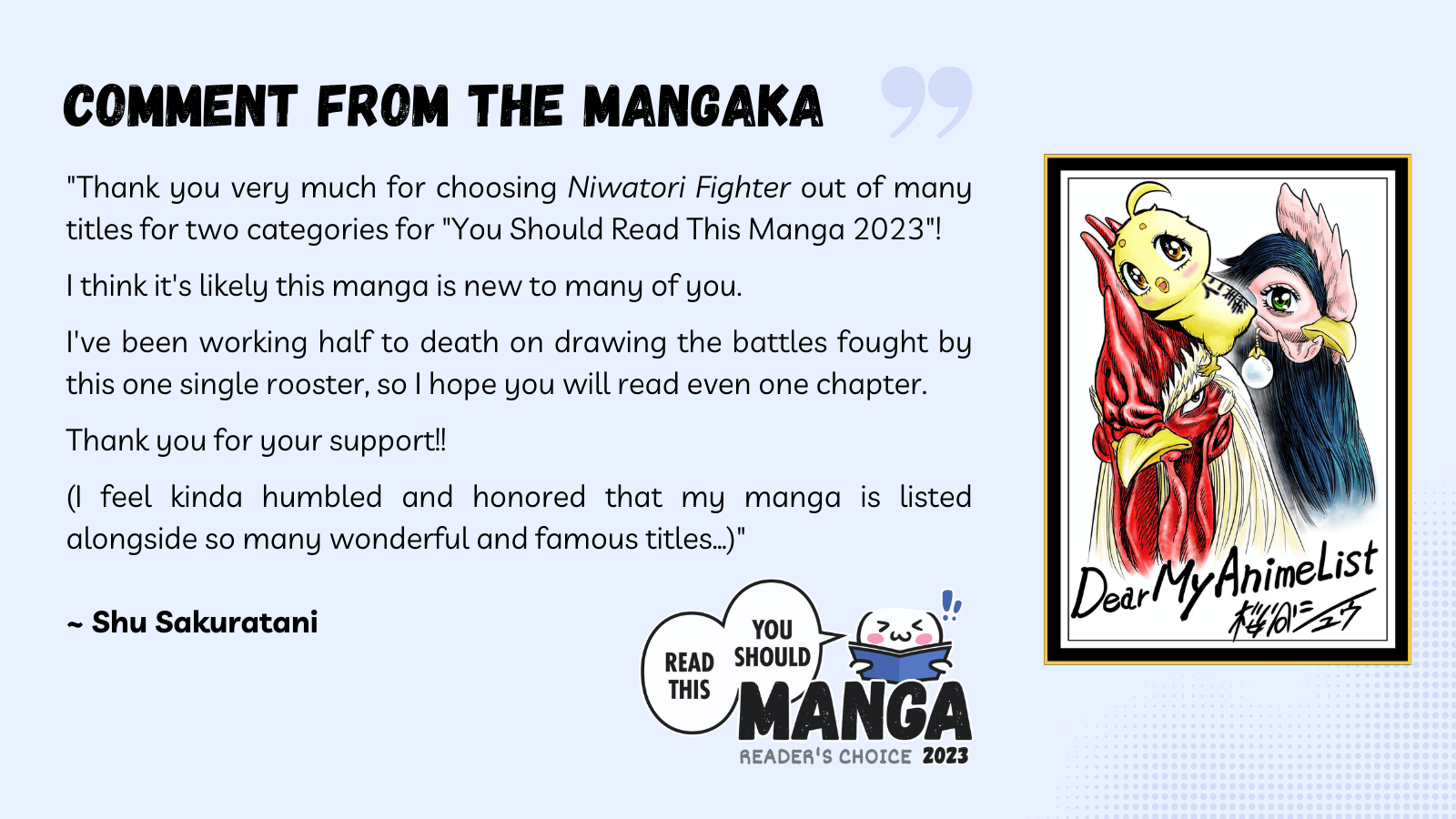 Comment from the mangaka of Niwatori Fighter